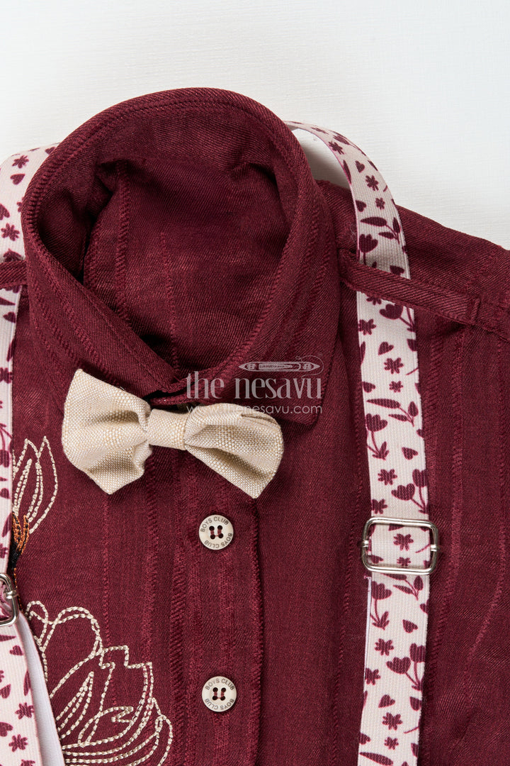 The Nesavu Boys Casual Set Boys Embroidered Festive Outfit with Suspenders and Bow Tie Nesavu Nesavu boys festive cotton outfit embroidery suspenders bow tie special occasions