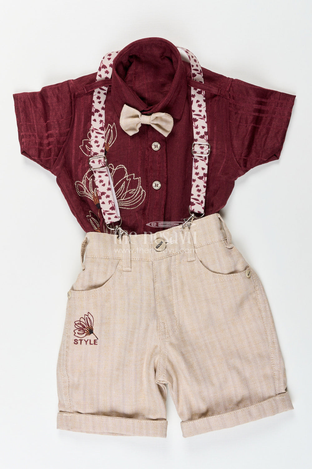 The Nesavu Boys Casual Set Boys Embroidered Festive Outfit with Suspenders and Bow Tie Nesavu Nesavu boys festive cotton outfit embroidery suspenders bow tie special occasions