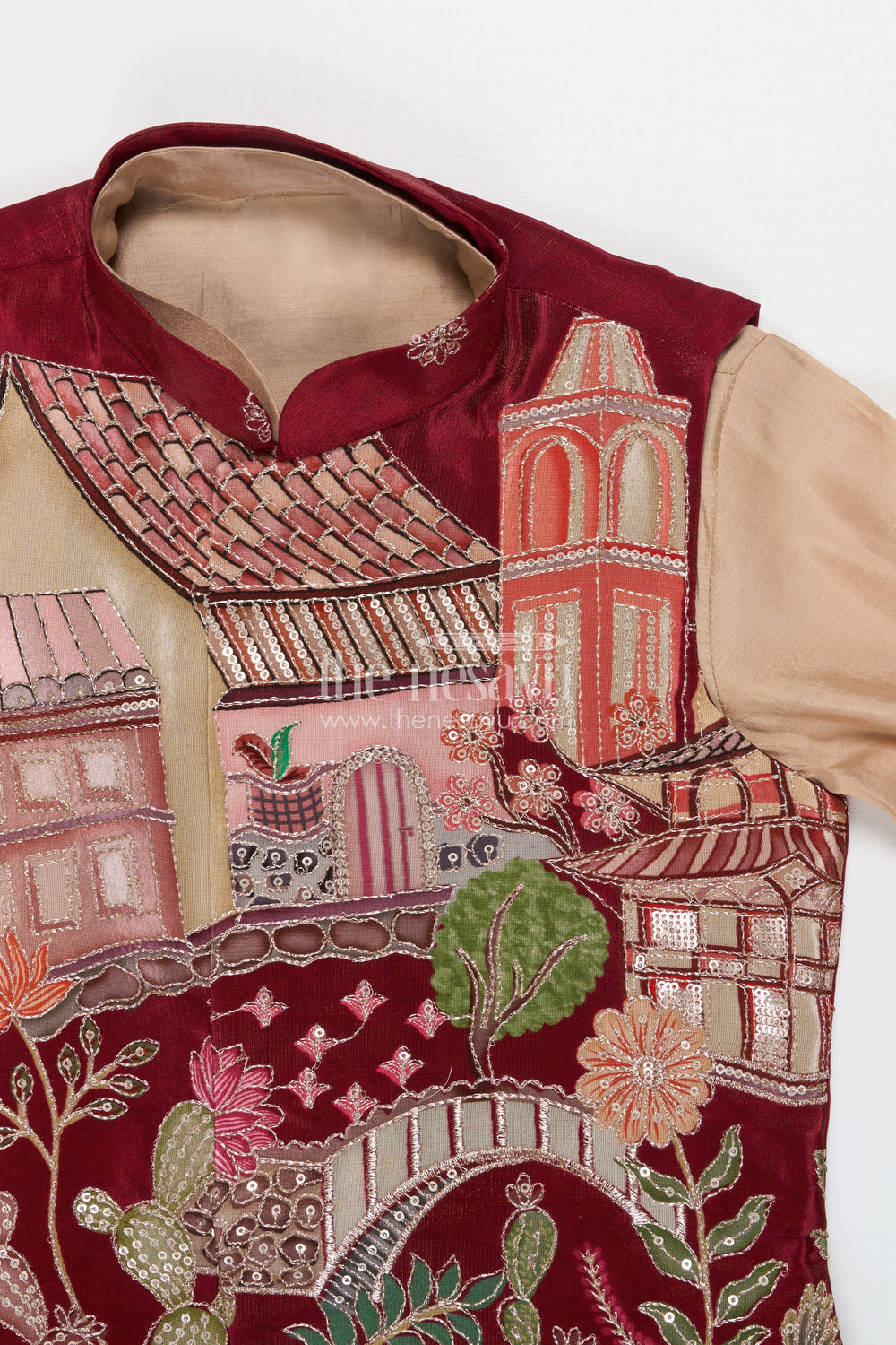 The Nesavu Boys Jacket Sets Boys Embroidered Jacket Set for Festive Functions and Wedding Receptions Nesavu Nesavu boys jacket kurta set with embroidered Nehru jacket for festive occasions and wedding wear