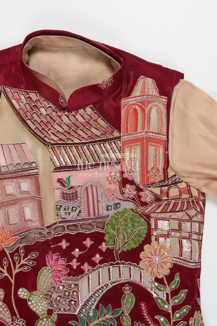 The Nesavu Boys Jacket Sets Boys Embroidered Jacket Set for Festive Functions and Wedding Receptions Nesavu Nesavu boys jacket kurta set with embroidered Nehru jacket for festive occasions and wedding wear