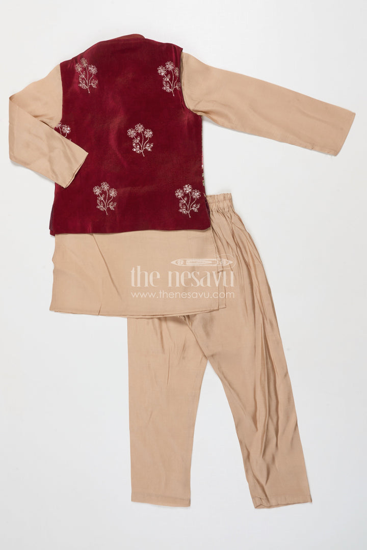 The Nesavu Boys Jacket Sets Boys Embroidered Jacket Set for Festive Functions and Wedding Receptions Nesavu Nesavu boys jacket kurta set with embroidered Nehru jacket for festive occasions and wedding wear