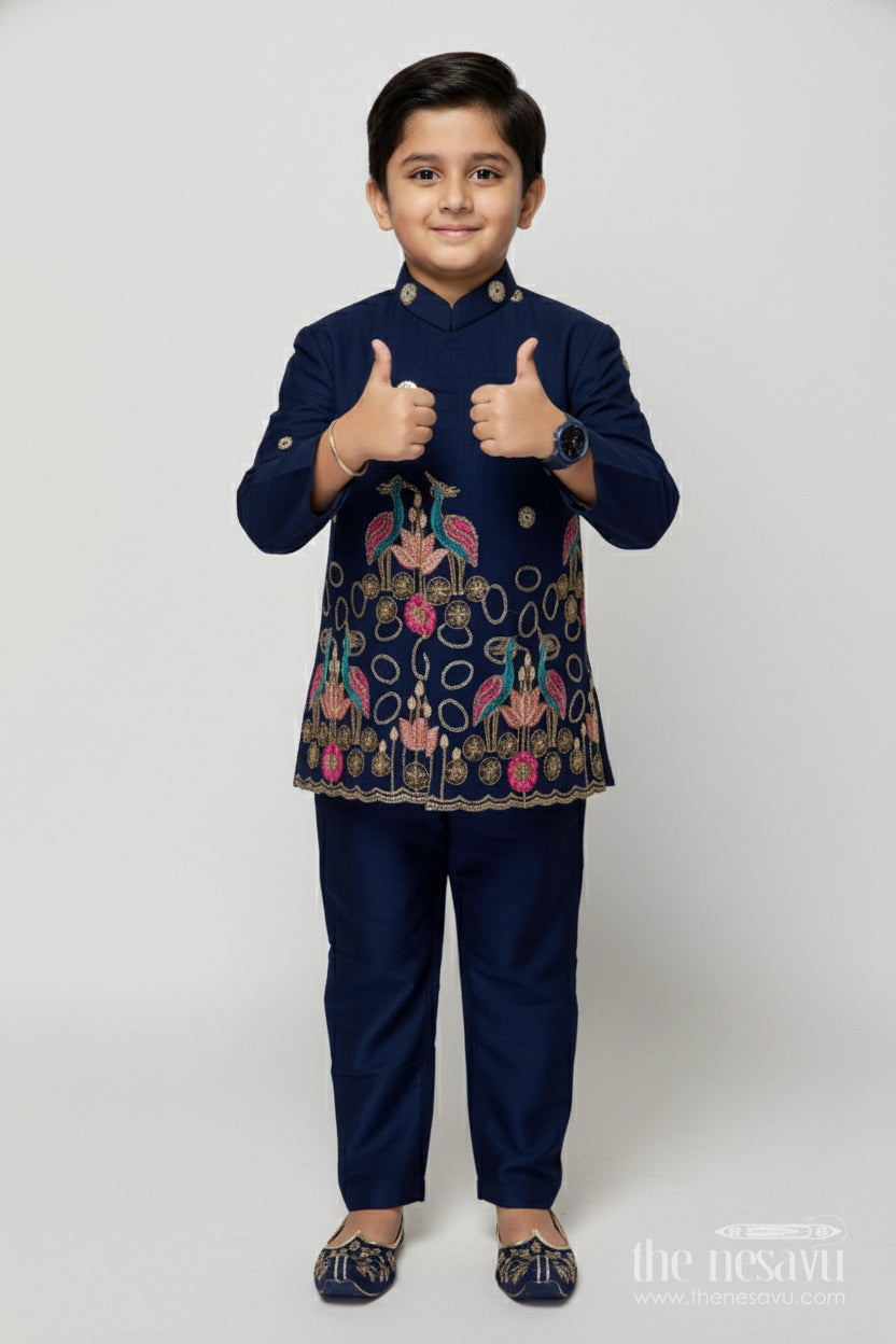 The Nesavu Boys Jacket Sets Boys Embroidered Jacket Set for Festive Functions and Weddings Nesavu 16 (1Y) / Blue BES864B-16 Nesavu boys festive jacket set designer embroidery weddings traditional functions