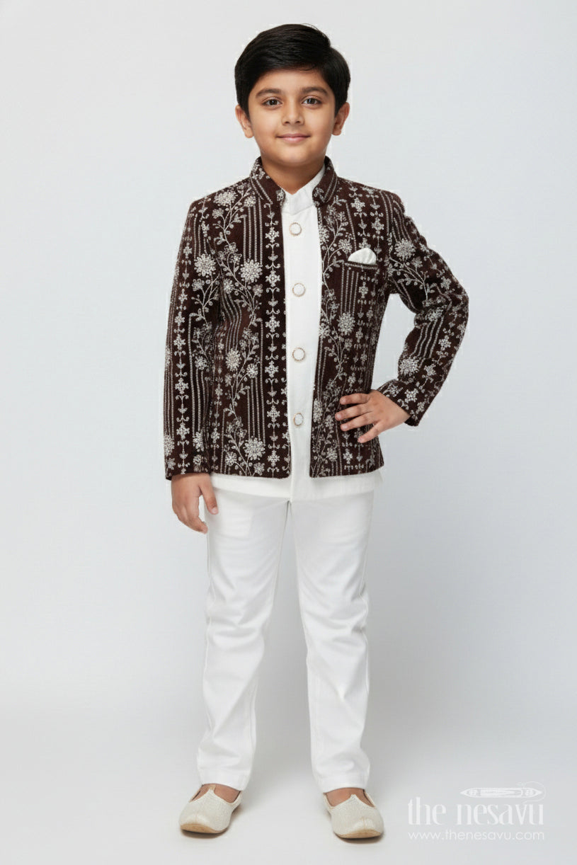 The Nesavu Boys Jacket Sets Boys Embroidered Jacket Set for Wedding and Festive Events Nesavu 14 (6M) / Brown BES880B-14 Nesavu boys velvet embroidered jacket set weddings traditional family functions