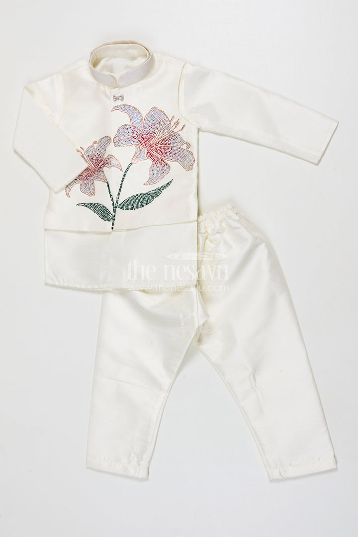 The Nesavu Boys Jacket Sets Boys Embroidered Jacket Set for Weddings and Festive Functions Nesavu 16 (1Y) / White BES858A-16 Nesavu boys silk jacket set with embroidered Nehru jacket for weddings and traditional functions