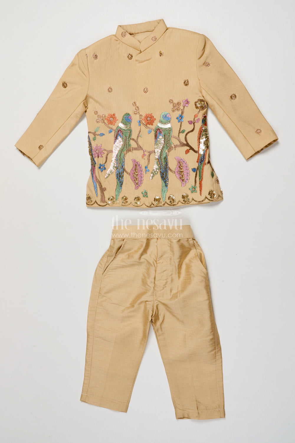 The Nesavu Boys Jacket Sets Boys Embroidered Jacket Set with Parrot Motif for Weddings and Stage Events Nesavu 16 (1Y) / Cream BES863A-16 Nesavu boys embroidered jacket set parrot motif weddings festive stage performances
