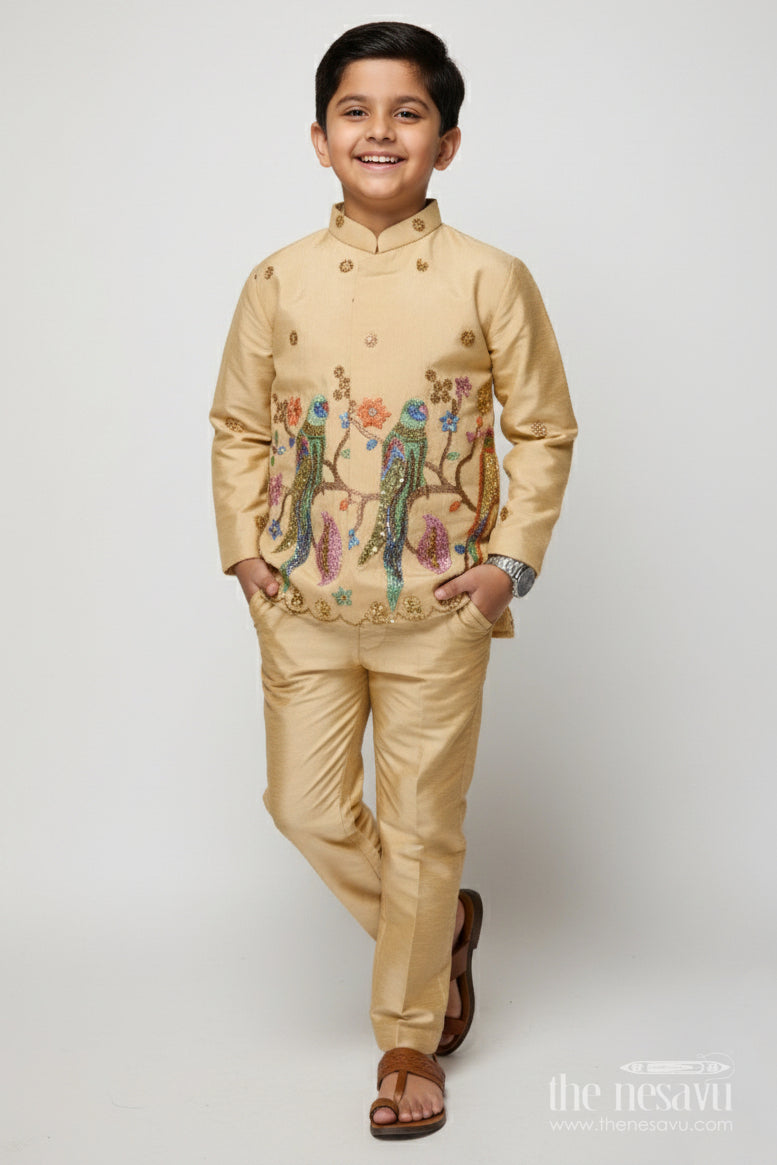 The Nesavu Boys Jacket Sets Boys Embroidered Jacket Set with Parrot Motif for Weddings and Stage Events Nesavu 16 (1Y) / Cream BES863A-16 Nesavu boys embroidered jacket set parrot motif weddings festive stage performances
