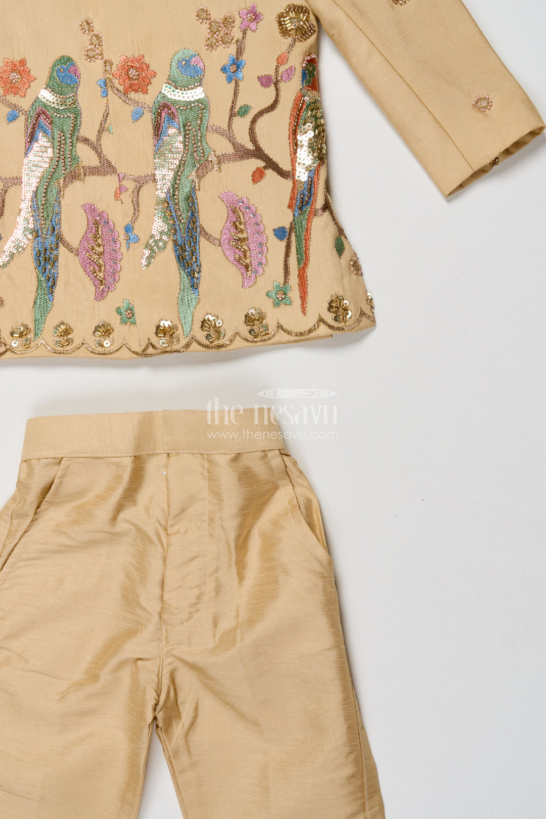 The Nesavu Boys Jacket Sets Boys Embroidered Jacket Set with Parrot Motif for Weddings and Stage Events Nesavu Nesavu boys embroidered jacket set parrot motif weddings festive stage performances