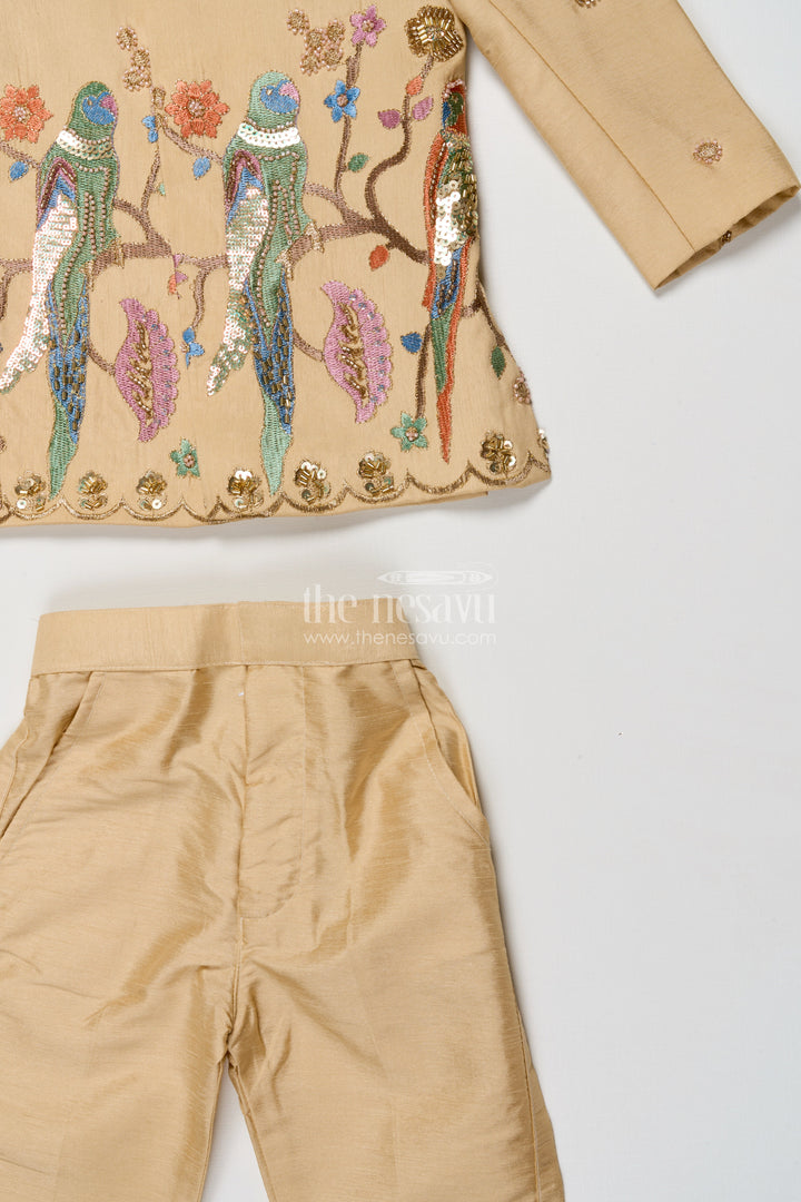 The Nesavu Boys Jacket Sets Boys Embroidered Jacket Set with Parrot Motif for Weddings and Stage Events Nesavu Nesavu boys embroidered jacket set parrot motif weddings festive stage performances