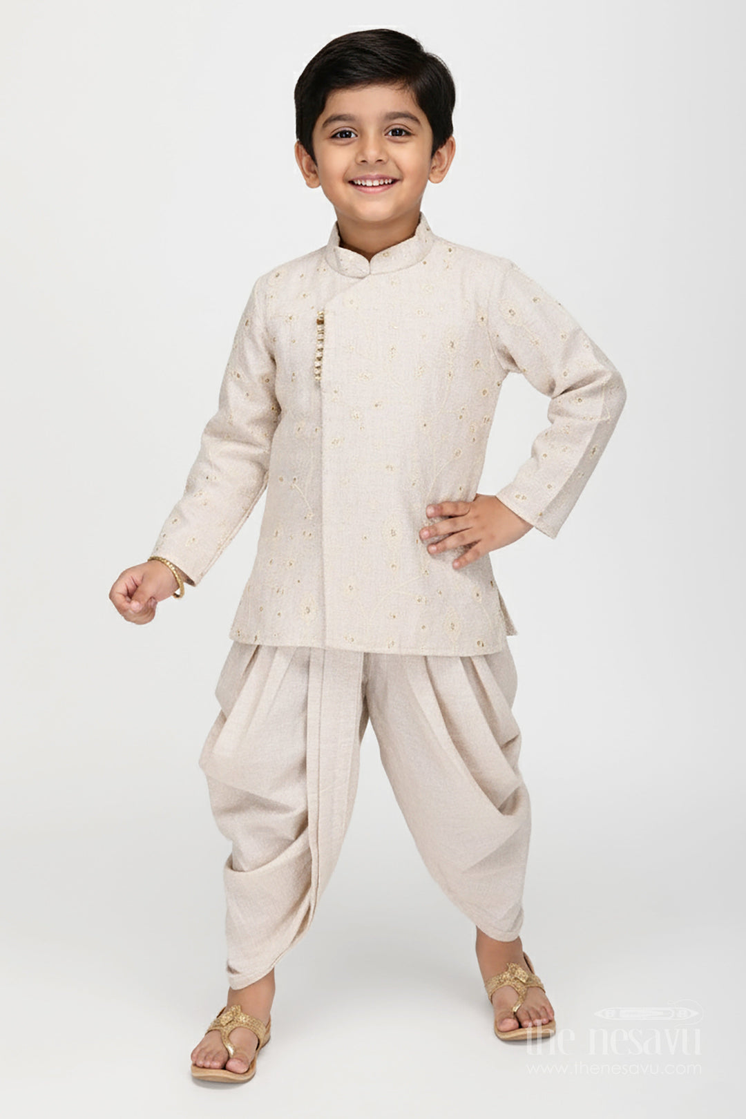 The Nesavu Boys Kurtha Set Boys Embroidered Kurta Dothi Set for Naming Ceremonies and Temple Visits Nesavu 12 (3M) / Half white BES869A-12 Nesavu boys embroidered kurta dothi set cotton  perfect naming ceremonies temple functions