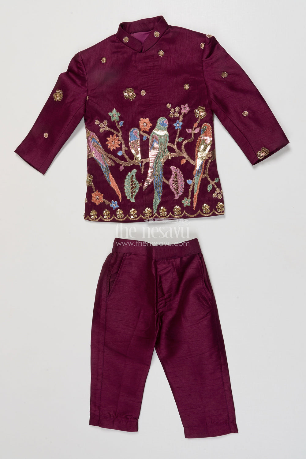 The Nesavu Boys Kurtha Set Boys Embroidered Kurta Set with Bird Motif for Festive Performances and Weddings Nesavu 16 (1Y) / Purple BES863B-16 Nesavu boys kurta set embroidered bird motif weddings festive performances