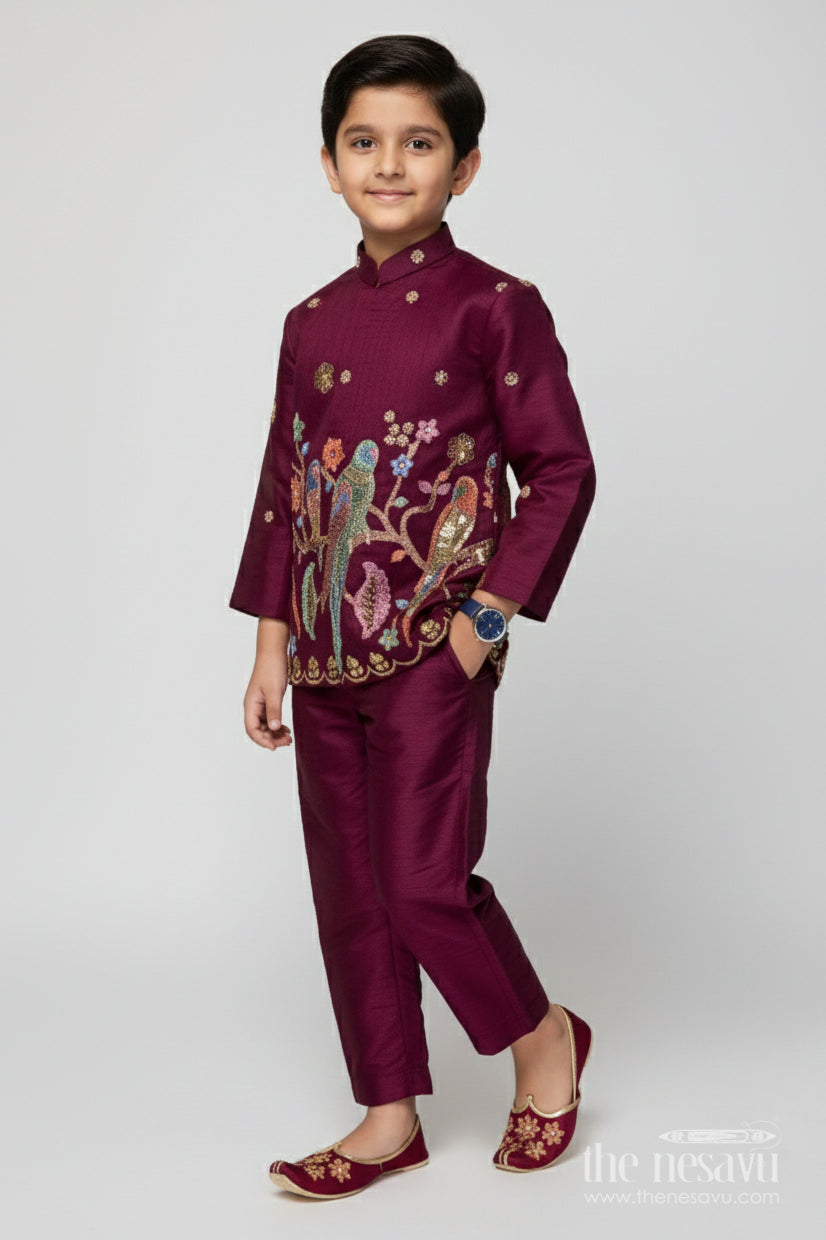 The Nesavu Boys Kurtha Set Boys Embroidered Kurta Set with Bird Motif for Festive Performances and Weddings Nesavu 16 (1Y) / Purple BES863B-16 Nesavu boys kurta set embroidered bird motif weddings festive performances