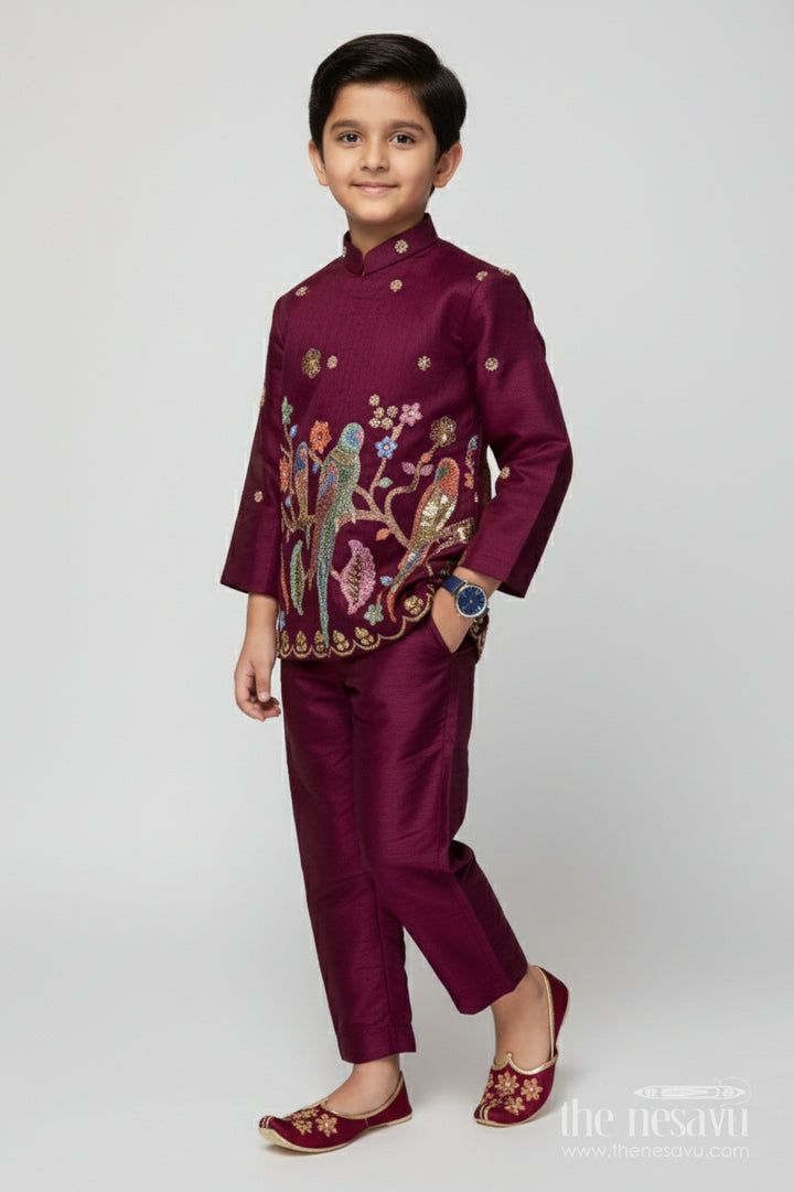 The Nesavu Boys Kurtha Set Boys Embroidered Kurta Set with Bird Motif for Festive Performances and Weddings Nesavu 16 (1Y) / Purple BES863B-16 Nesavu boys kurta set embroidered bird motif weddings festive performances