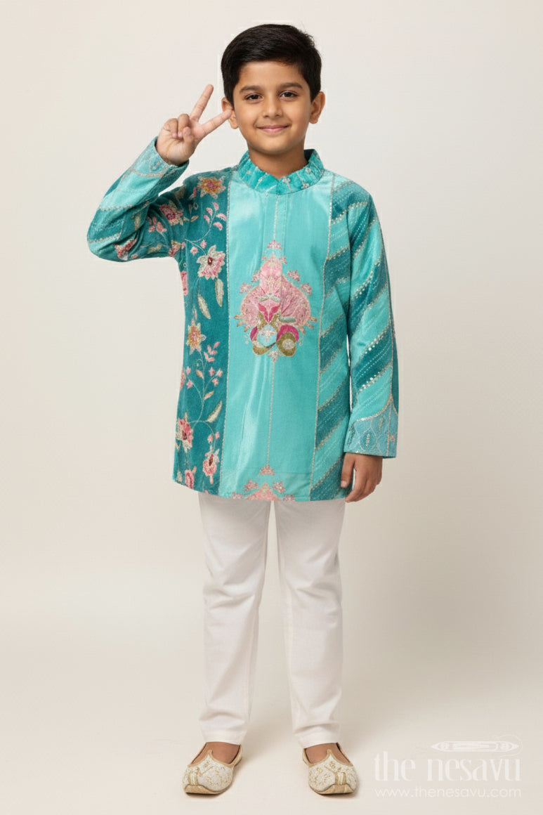 The Nesavu Boys Kurtha Set Boys Embroidered Kurta Set with Sequin Detailing for Weddings and Festive Occasions Nesavu 16 (1Y) / Green BES852A-16 Nesavu boys embroidered kurta set sequin detailing festive functions weddings