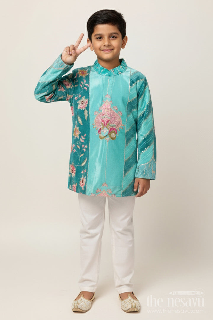 The Nesavu Boys Kurtha Set Boys Embroidered Kurta Set with Sequin Detailing for Weddings and Festive Occasions Nesavu 16 (1Y) / Green BES852A-16 Nesavu boys embroidered kurta set sequin detailing festive functions weddings