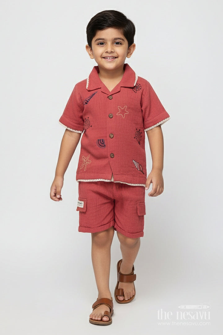 The Nesavu Boys Casual Set Boys Embroidered Muslin Cotton Short Set  Festive Casual Wear Nesavu 16 (1Y) / Pink BCS489A-16 Nesavu boys muslin cotton festive outfit thread embroidery  shirt shorts set