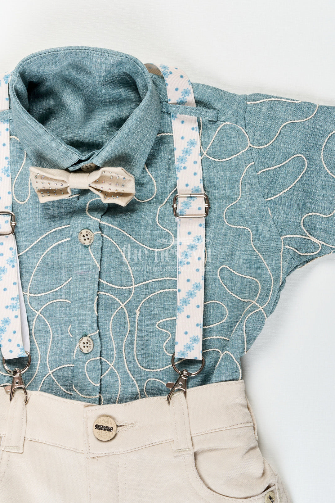The Nesavu Boys Casual Set Boys Embroidered Suspender Set for Birthday Celebrations Nesavu Nesavu boys embroidered cotton suspender outfit bow tie festive birthday celebrations