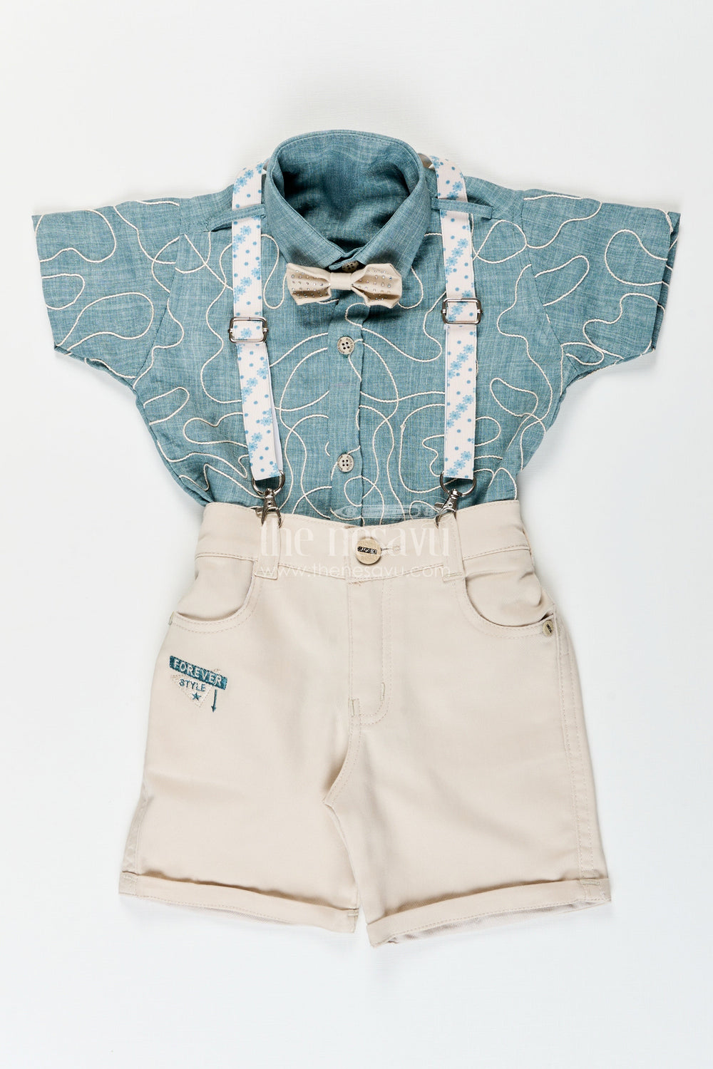The Nesavu Boys Casual Set Boys Embroidered Suspender Set for Birthday Celebrations Nesavu Nesavu boys embroidered cotton suspender outfit bow tie festive birthday celebrations