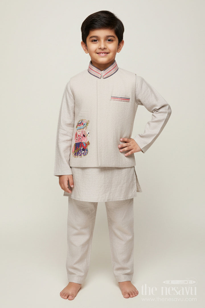 The Nesavu Boys Jacket Sets Boys Ethnic Cotton Kurta Set with Patchwork for Temple and School Functions Nesavu 18 (2Y) / White BES742D-18 Nesavu boys cotton kurta set embroidered patch temple visits ethnic celebrations