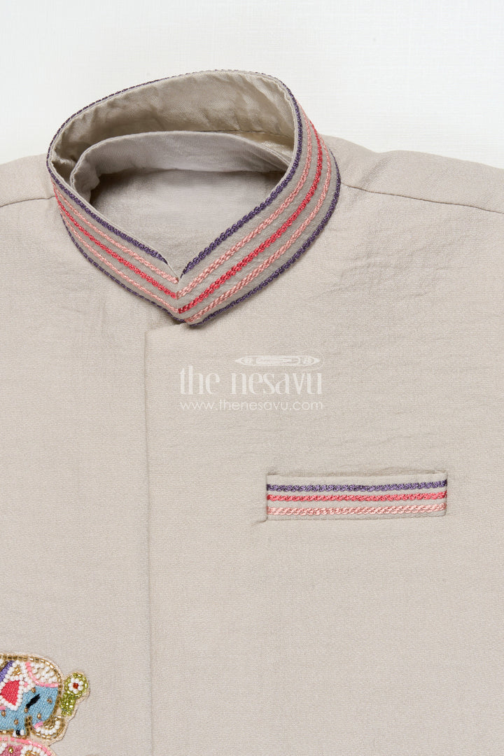 The Nesavu Boys Jacket Sets Boys Ethnic Cotton Kurta Set with Patchwork for Temple and School Functions Nesavu Nesavu boys cotton kurta set embroidered patch temple visits ethnic celebrations