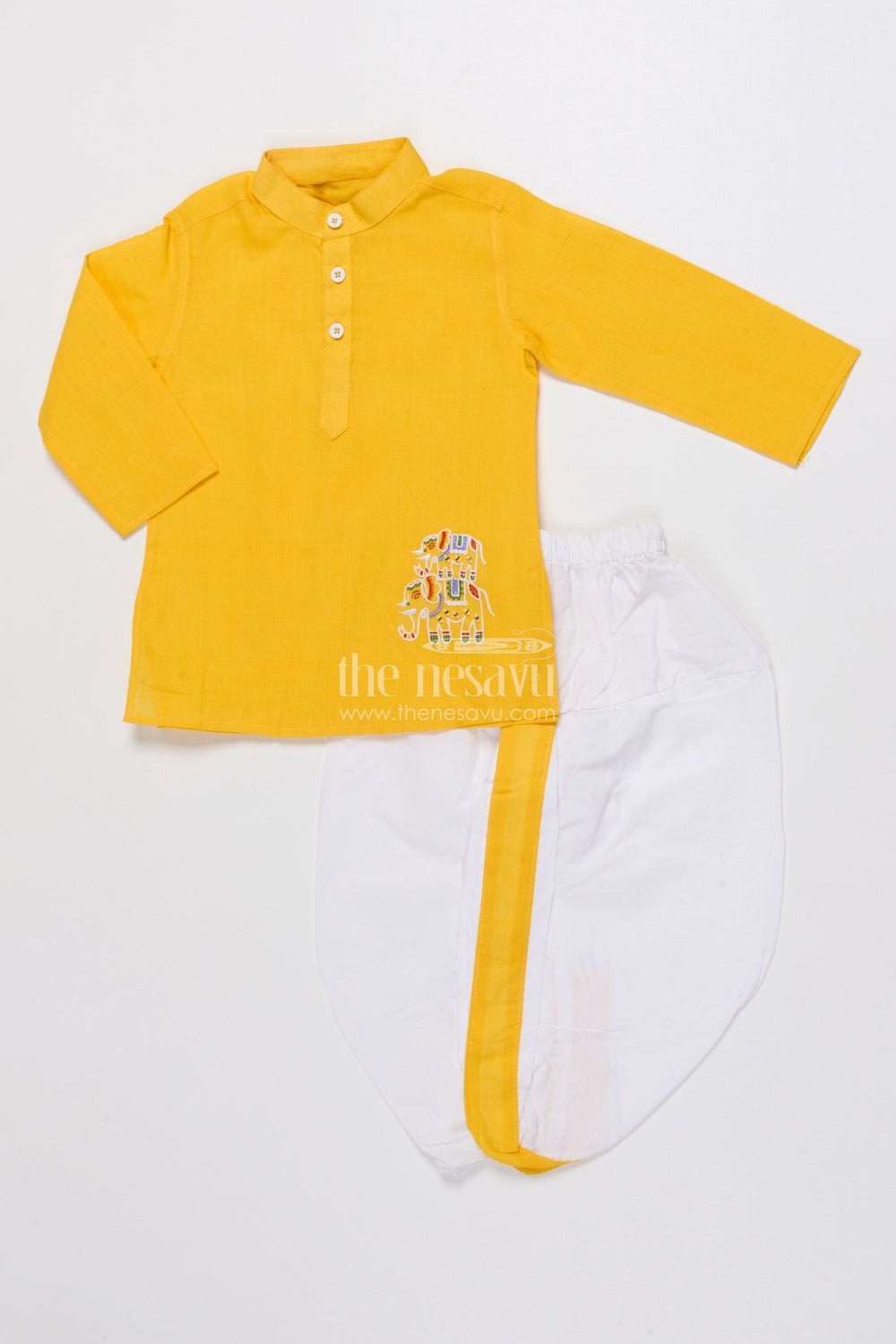 The Nesavu Boys Dothi Set Boys Ethnic Dhoti Kurta Set for Festive Occasions and Rituals Nesavu 14 (6M) / Yellow BES925B-14 Nesavu boys handloom cotton dhoti kurta set embroidery festive rituals weddings