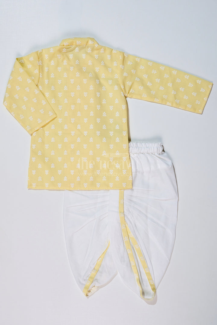 The Nesavu Boys Dothi Set Boys Ethnic Dhoti Kurti Style in Yellow and White with Chikankari Embroidery Nesavu Nesavu Boys Cotton Dhoti Kurti Yellow White Chikankari Embroidery