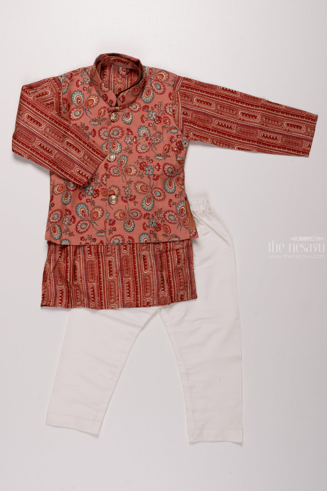 The Nesavu Boys Jacket Sets Boys Ethnic Floral Brown Kurta with Overcoat & White Pant Set Nesavu 14 (6M) / Brown / Modal BES439A-14 Boys Traditional Brown Ensemble | Intricate Kurta with Patterned Overcoat & White Pant | The Nesavu