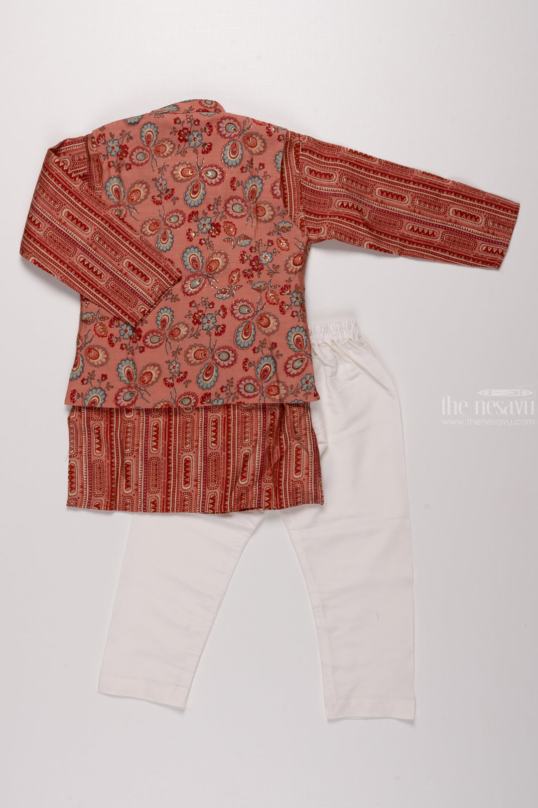 The Nesavu Boys Jacket Sets Boys Ethnic Floral Brown Kurta with Overcoat & White Pant Set Nesavu Boys Traditional Brown Ensemble | Intricate Kurta with Patterned Overcoat & White Pant | The Nesavu