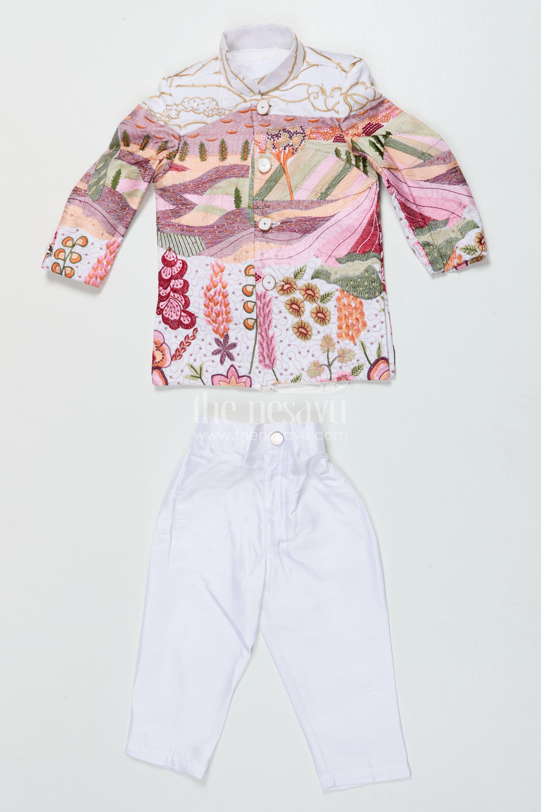 The Nesavu Boys Jacket Sets Boys Ethnic Jacket Set for Cultural Events and Functions Nesavu 14 (6M) / Half white BES882B-14 Nesavu boys ethnic jacket set silk blend designer embroidery festive occasions