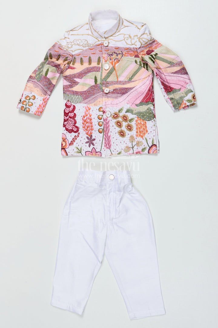The Nesavu Boys Jacket Sets Boys Ethnic Jacket Set for Cultural Events and Functions Nesavu 14 (6M) / Half white BES882B-14 Nesavu boys ethnic jacket set silk blend designer embroidery festive occasions