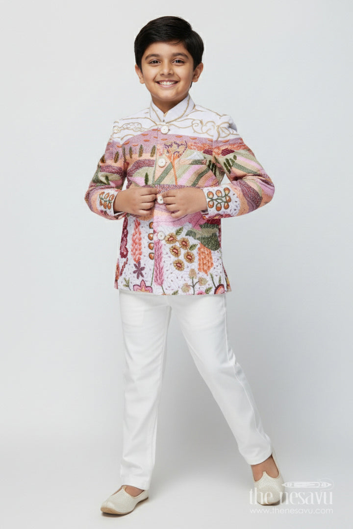 The Nesavu Boys Jacket Sets Boys Ethnic Jacket Set for Cultural Events and Functions Nesavu 14 (6M) / Half white BES882B-14 Nesavu boys ethnic jacket set silk blend designer embroidery festive occasions