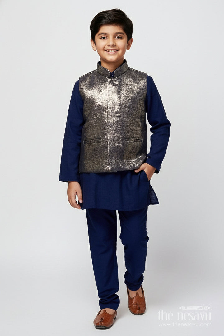 The Nesavu Boys Jacket Sets Boys Ethnic Jacket Set for Festive Occasions and Weddings Nesavu 18 (2Y) / Blue BES751D-18 Nesavu boys ethnic jacket kurta set silk blend weddings festive functions