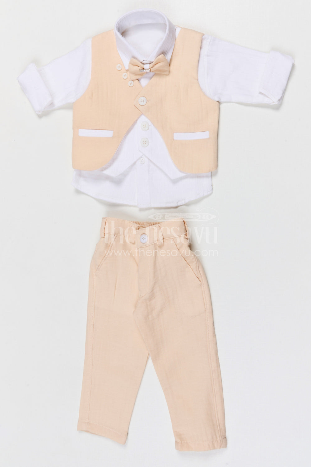 The Nesavu Boys Jacket Sets Boys Ethnic Jacket Set for Weddings and Cultural Family Functions Nesavu 12 (3M) / Beige / Muslin Cotton BCS505C-12 Nesavu boys muslin cotton ethnic jacket set for weddings festive events and cultural celebrations