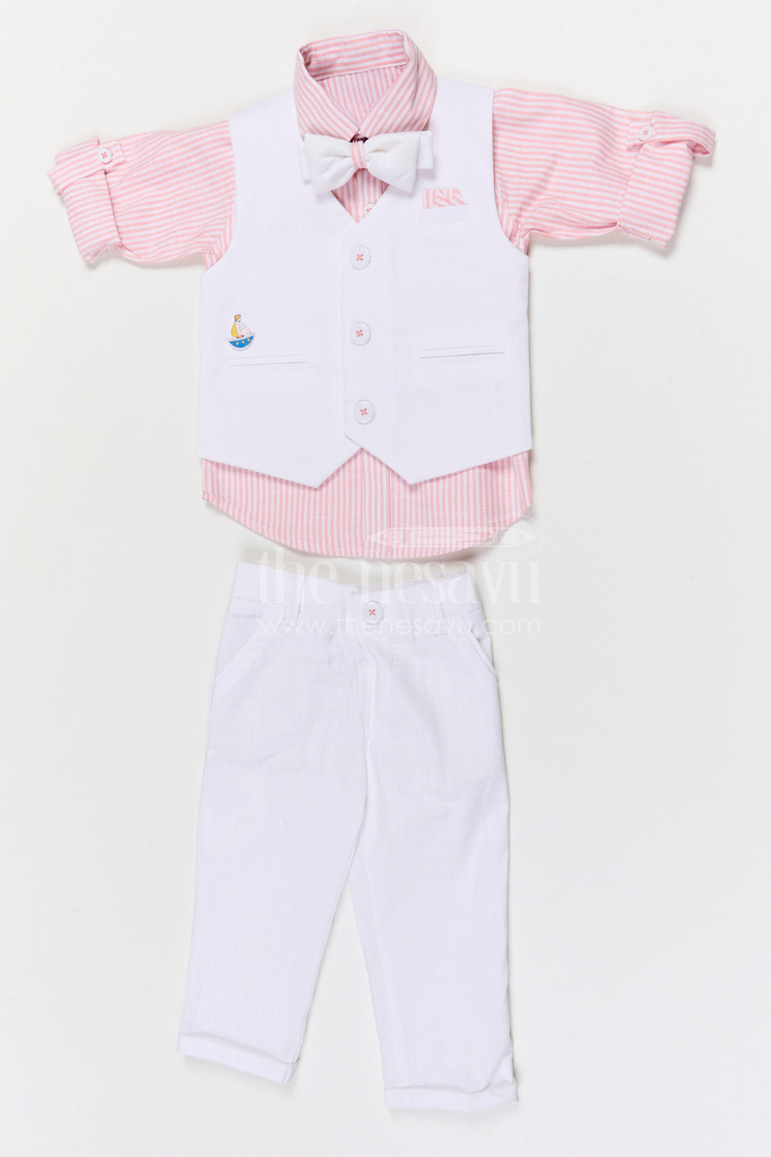 The Nesavu Boys Jacket Sets Boys Ethnic Jacket Set for Weddings and Festive Occasions Nesavu 16 (1Y) / White / Cotton BCS563A-16 Nesavu boys cotton jacket set with striped design for weddings festive occasions and family celebrations