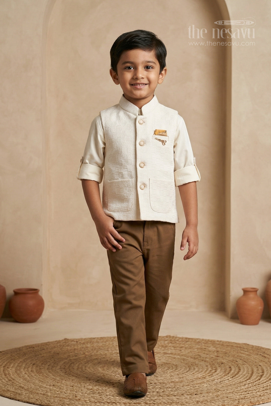 The Nesavu Boys Jacket Sets Boys Ethnic Jacket Set for Weddings and Party Nesavu 16 (1Y) / Half white / Silk BES975A-16 Nesavu boys ethnic jacket set for weddings and festive occasions with designer embroidery and comfortable fit