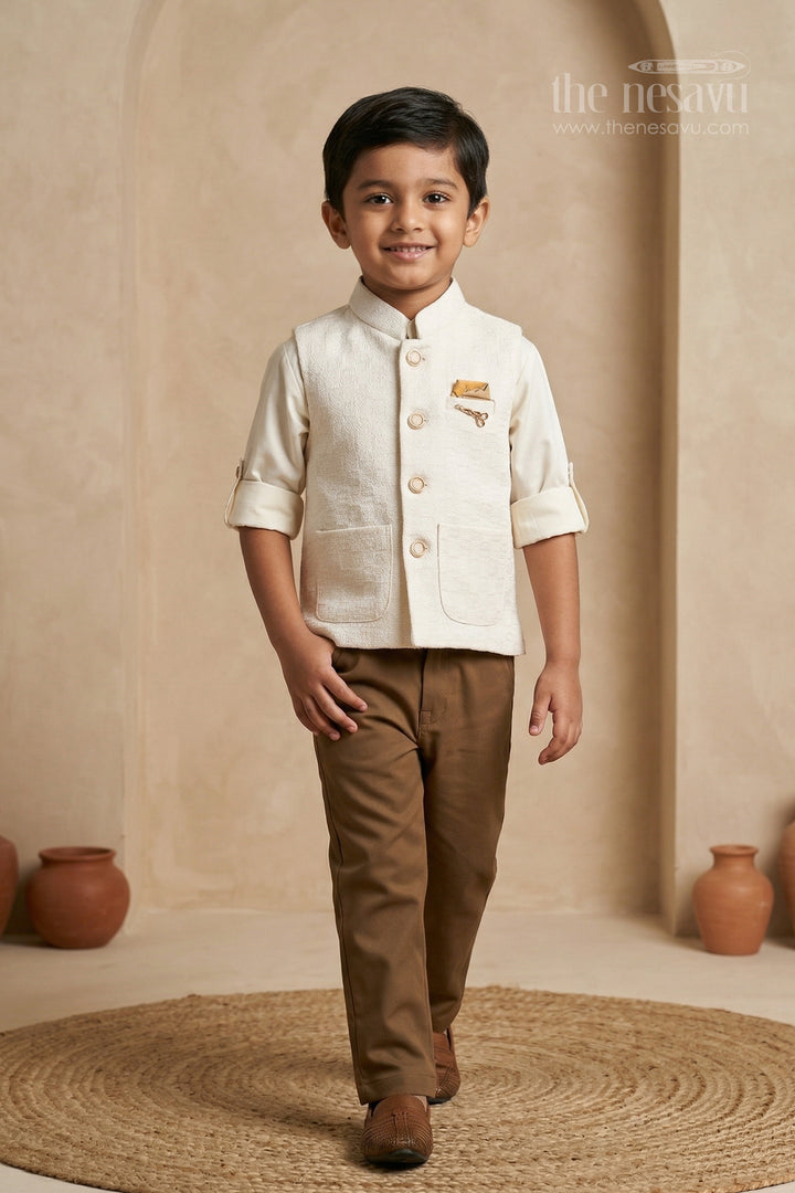 The Nesavu Boys Jacket Sets Boys Ethnic Jacket Set for Weddings and Party Nesavu 16 (1Y) / Half white / Silk BES975A-16 Nesavu boys ethnic jacket set for weddings and festive occasions with designer embroidery and comfortable fit