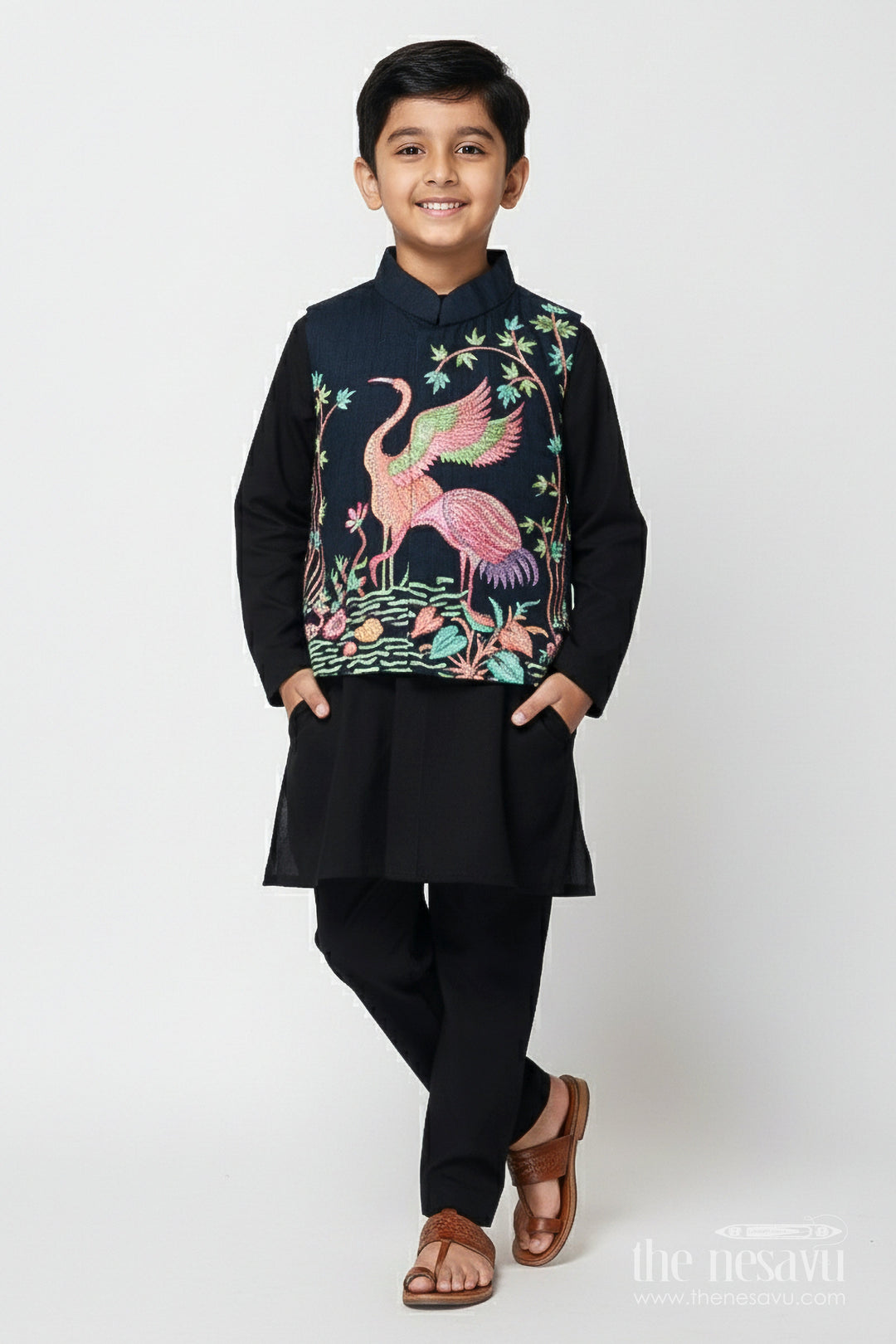 The Nesavu Boys Jacket Sets Boys Ethnic Jacket Set with Embroidered Bird Motif for Weddings and Receptions Nesavu 16 (1Y) / Black BES839B-16 Nesavu boys embroidered jacket set bird motif festive ethnic wear weddings family events
