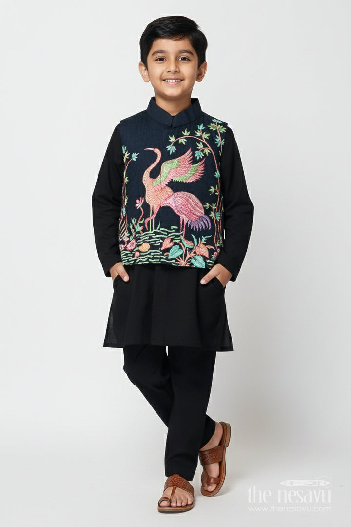 The Nesavu Boys Jacket Sets Boys Ethnic Jacket Set with Embroidered Bird Motif for Weddings and Receptions Nesavu 16 (1Y) / Black BES839B-16 Nesavu boys embroidered jacket set bird motif festive ethnic wear weddings family events