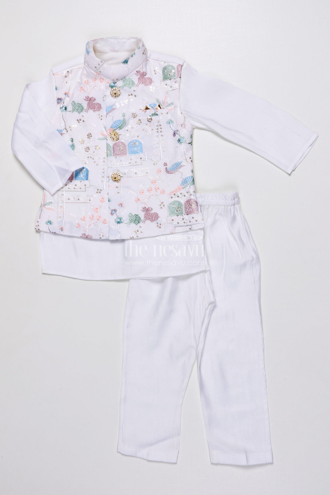 The Nesavu Boys Jacket Sets Boys Ethnic Kurta Jacket Set with Embroidery for Weddings and Family Events Nesavu Nesavu boys kurta jacket set embroidery silk blend festive outfit weddings special occasions