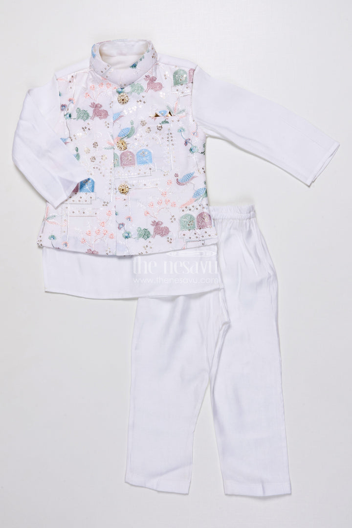 The Nesavu Boys Jacket Sets Boys Ethnic Kurta Jacket Set with Embroidery for Weddings and Family Events Nesavu Nesavu boys kurta jacket set embroidery silk blend festive outfit weddings special occasions
