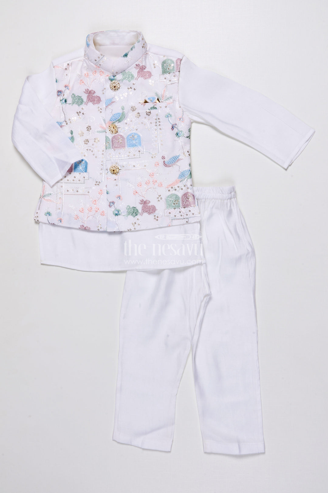 The Nesavu Boys Jacket Sets Boys Ethnic Kurta Jacket Set with Embroidery for Weddings and Family Events Nesavu Nesavu boys kurta jacket set embroidery silk blend festive outfit weddings special occasions