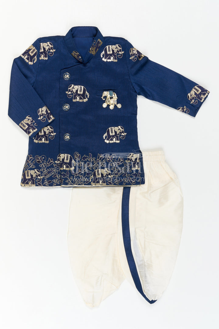 The Nesavu Boys Kurtha Set Boys Ethnic Kurta Set for Traditional Festival Dressing Nesavu 14 (6M) / Blue / Viscose BES1017B-14 Nesavu Boys Embroidered Ethnic Kurta Set With Dhoti Pants For Festive Family Functions