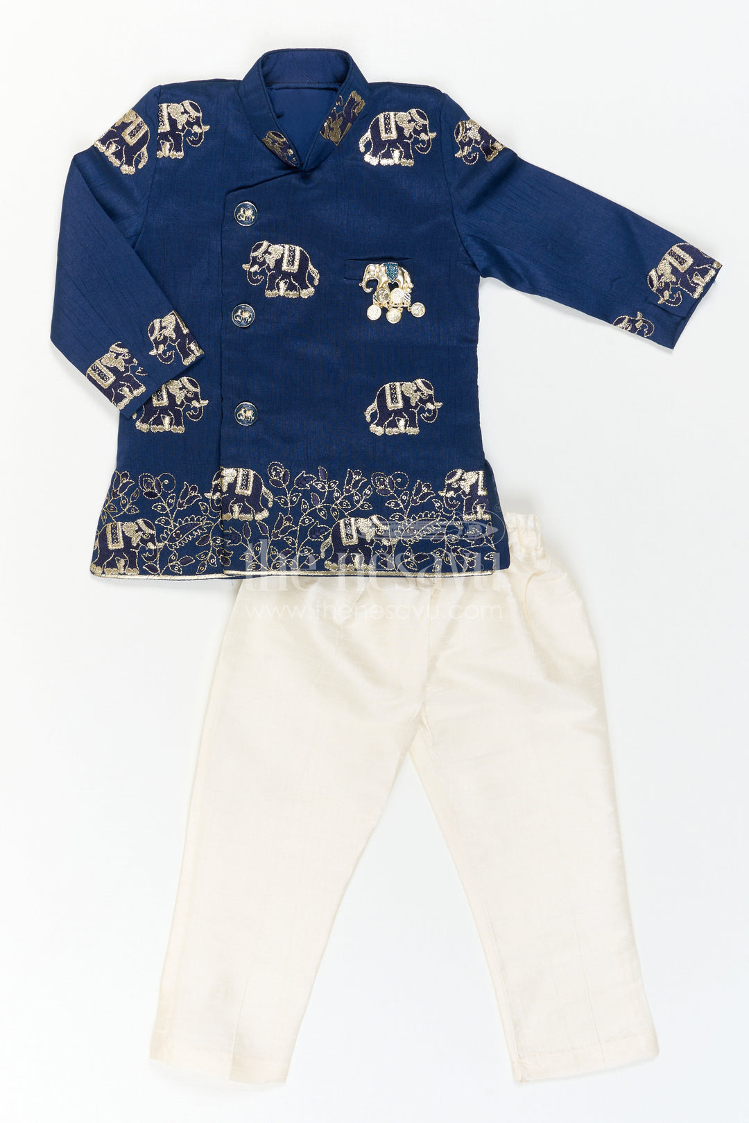 The Nesavu Boys Kurtha Set Boys Ethnic Kurta Set for Traditional Festival Dressing Nesavu Nesavu Boys Embroidered Ethnic Kurta Set With Dhoti Pants For Festive Family Functions
