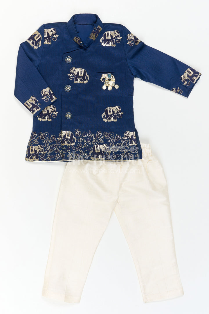The Nesavu Boys Kurtha Set Boys Ethnic Kurta Set for Traditional Festival Dressing Nesavu Nesavu Boys Embroidered Ethnic Kurta Set With Dhoti Pants For Festive Family Functions
