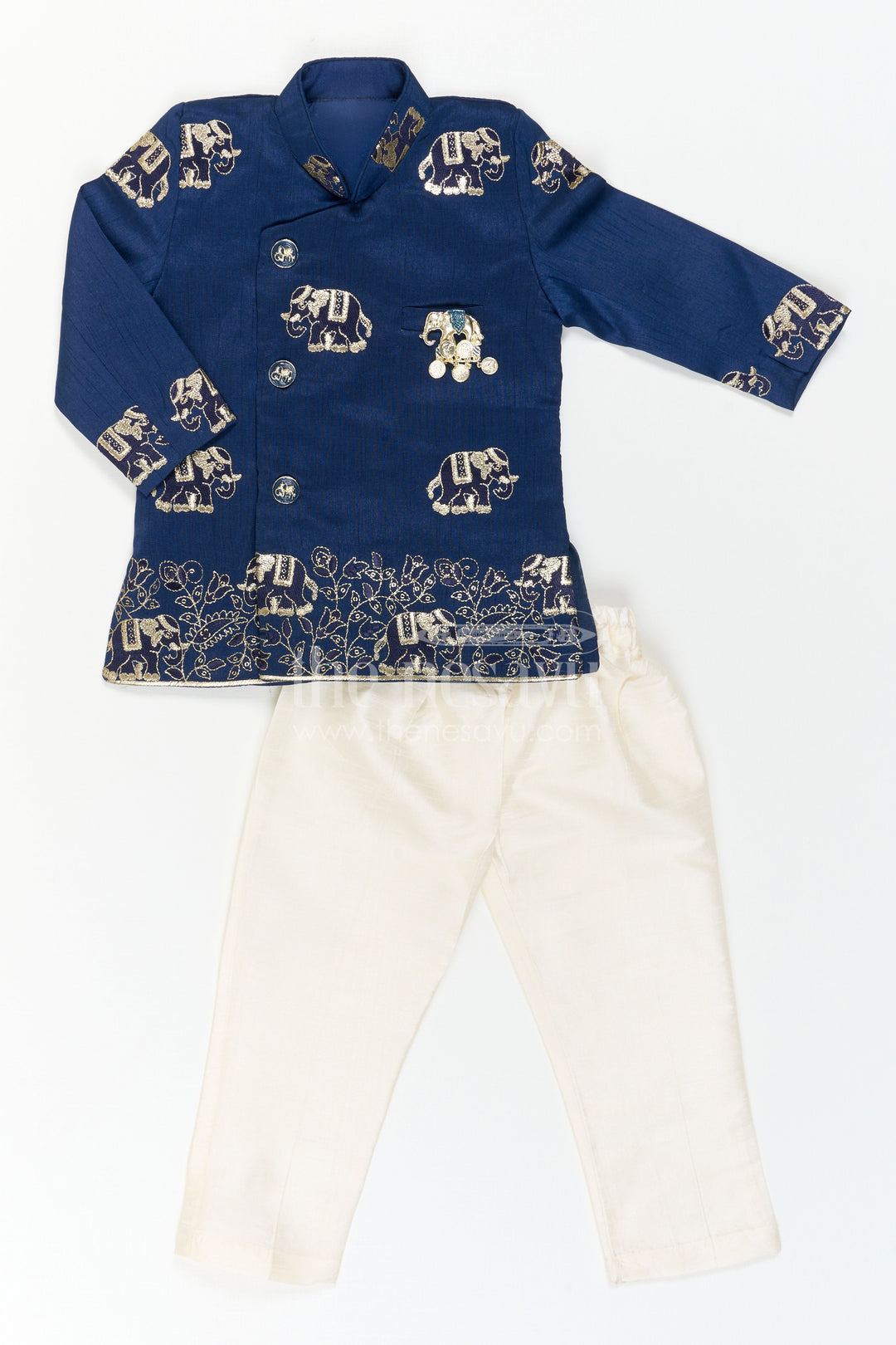 The Nesavu Boys Kurtha Set Boys Ethnic Kurta Set for Traditional Festival Dressing Nesavu Nesavu Boys Embroidered Ethnic Kurta Set With Dhoti Pants For Festive Family Functions