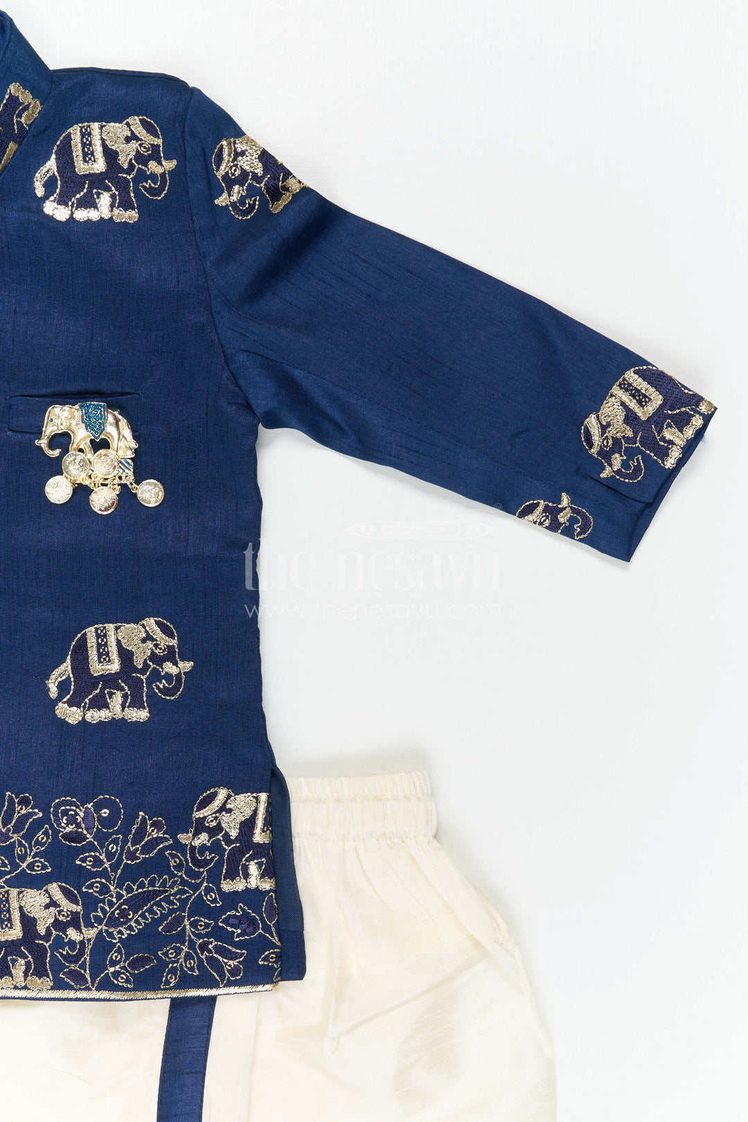 The Nesavu Boys Kurtha Set Boys Ethnic Kurta Set for Traditional Festival Dressing Nesavu Nesavu Boys Embroidered Ethnic Kurta Set With Dhoti Pants For Festive Family Functions