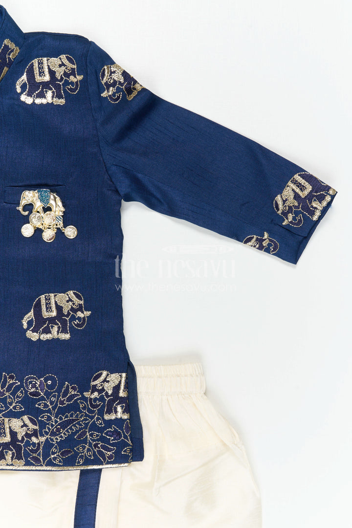 The Nesavu Boys Kurtha Set Boys Ethnic Kurta Set for Traditional Festival Dressing Nesavu Nesavu Boys Embroidered Ethnic Kurta Set With Dhoti Pants For Festive Family Functions