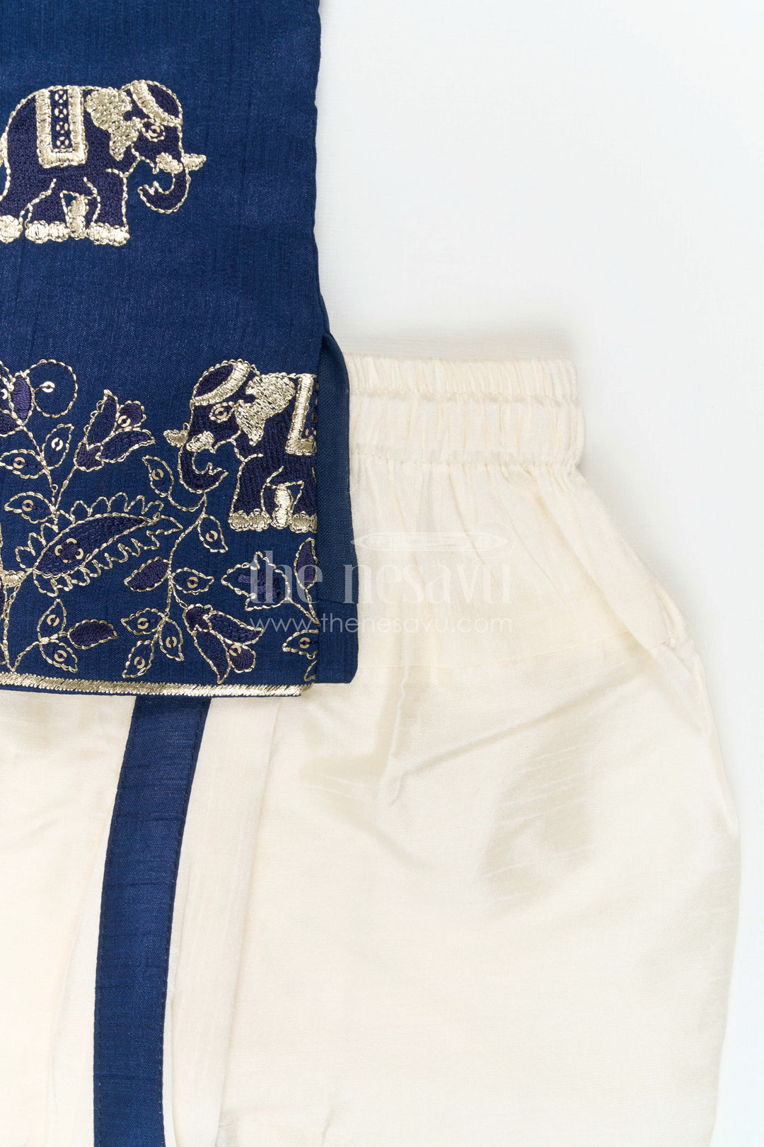 The Nesavu Boys Kurtha Set Boys Ethnic Kurta Set for Traditional Festival Dressing Nesavu Nesavu Boys Embroidered Ethnic Kurta Set With Dhoti Pants For Festive Family Functions