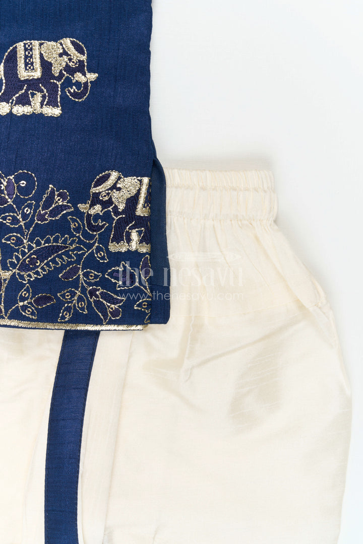 The Nesavu Boys Kurtha Set Boys Ethnic Kurta Set for Traditional Festival Dressing Nesavu Nesavu Boys Embroidered Ethnic Kurta Set With Dhoti Pants For Festive Family Functions