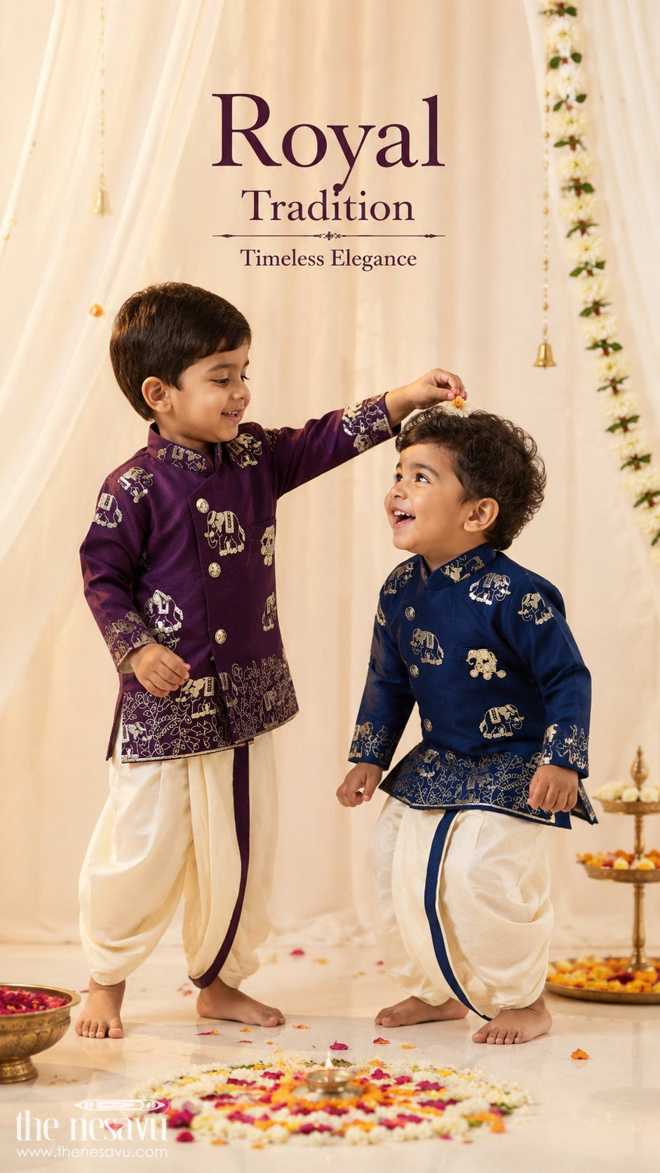 The Nesavu Boys Kurtha Set Boys Ethnic Kurta Set for Traditional Festival Dressing Nesavu Nesavu Boys Embroidered Ethnic Kurta Set With Dhoti Pants For Festive Family Functions