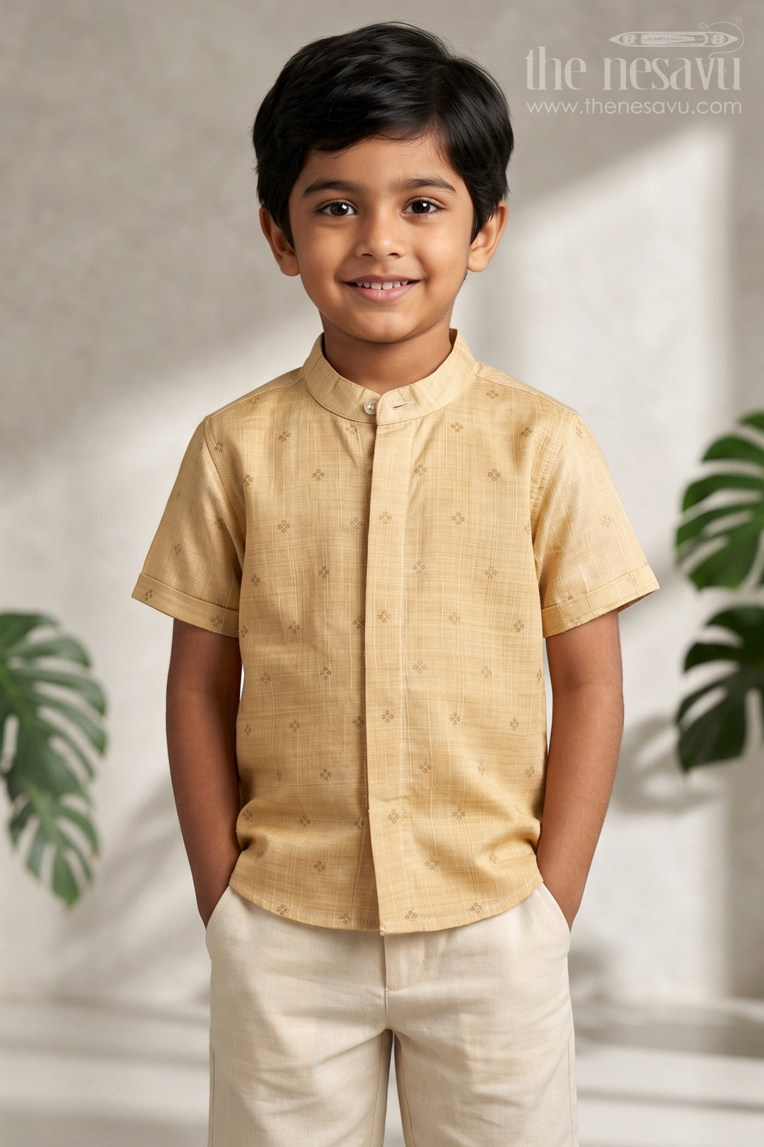 The Nesavu Boys Silk Shirt Boys Ethnic Silk Shirt for Traditional Ceremonies and Festive Dressing Nesavu 16 (1Y) / Gold / Raw Silk BS503C-16 Nesavu Boys Ethnic Raw Silk Shirt With Jacquard Butta Weave For Cultural Celebrations
